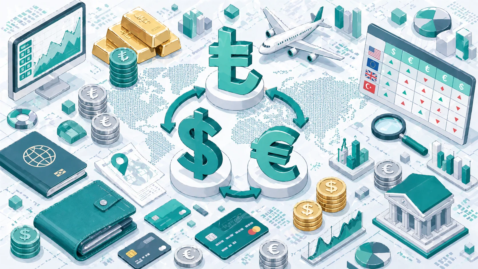 Döviz çevirici rehberi — Dolar, Euro ve Türk Lirası dönüşüm görseli