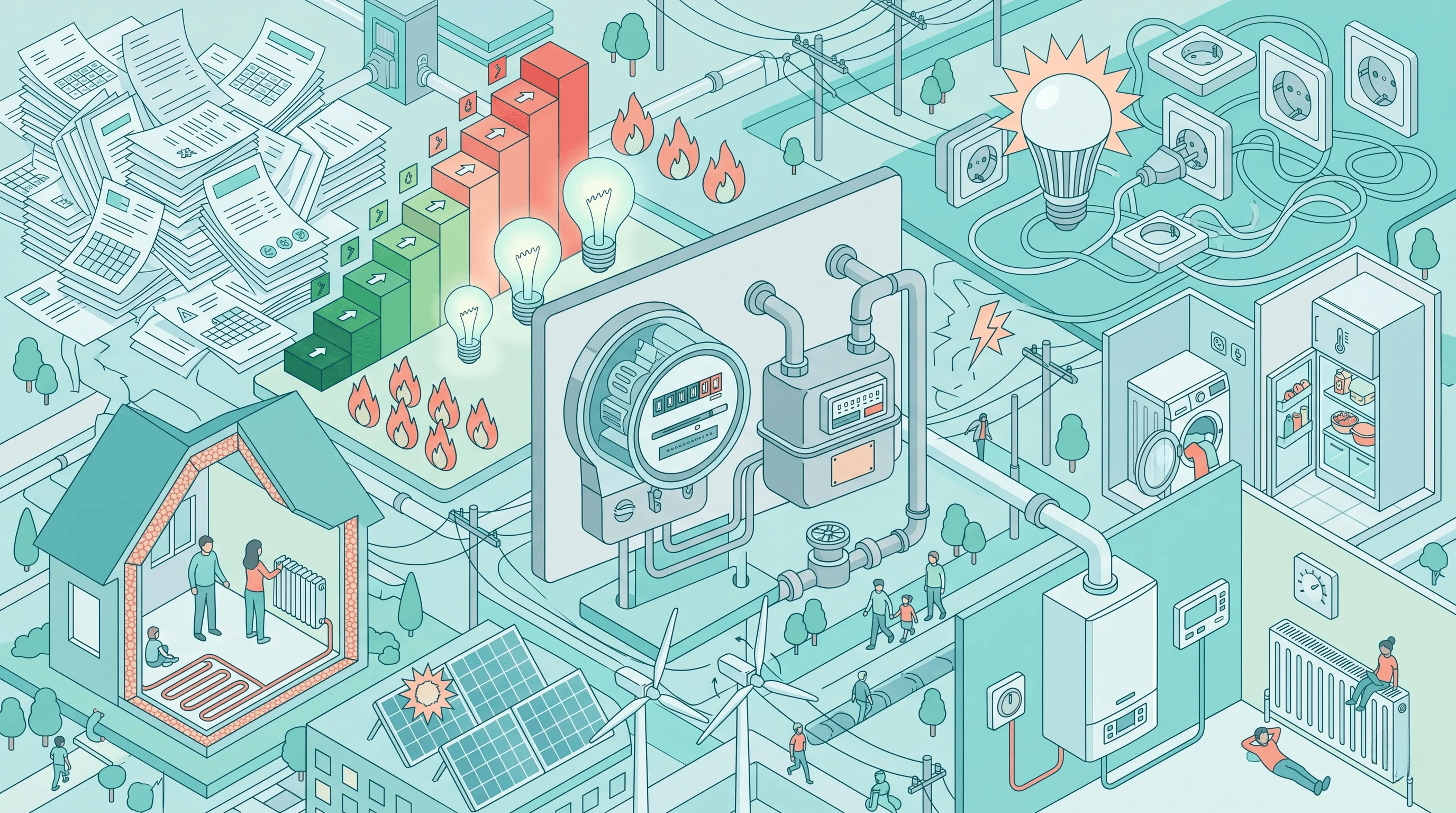 Elektrik ve doğalgaz faturası hesaplama — sayaç, enerji verimliliği ve ev enerjisi görseli