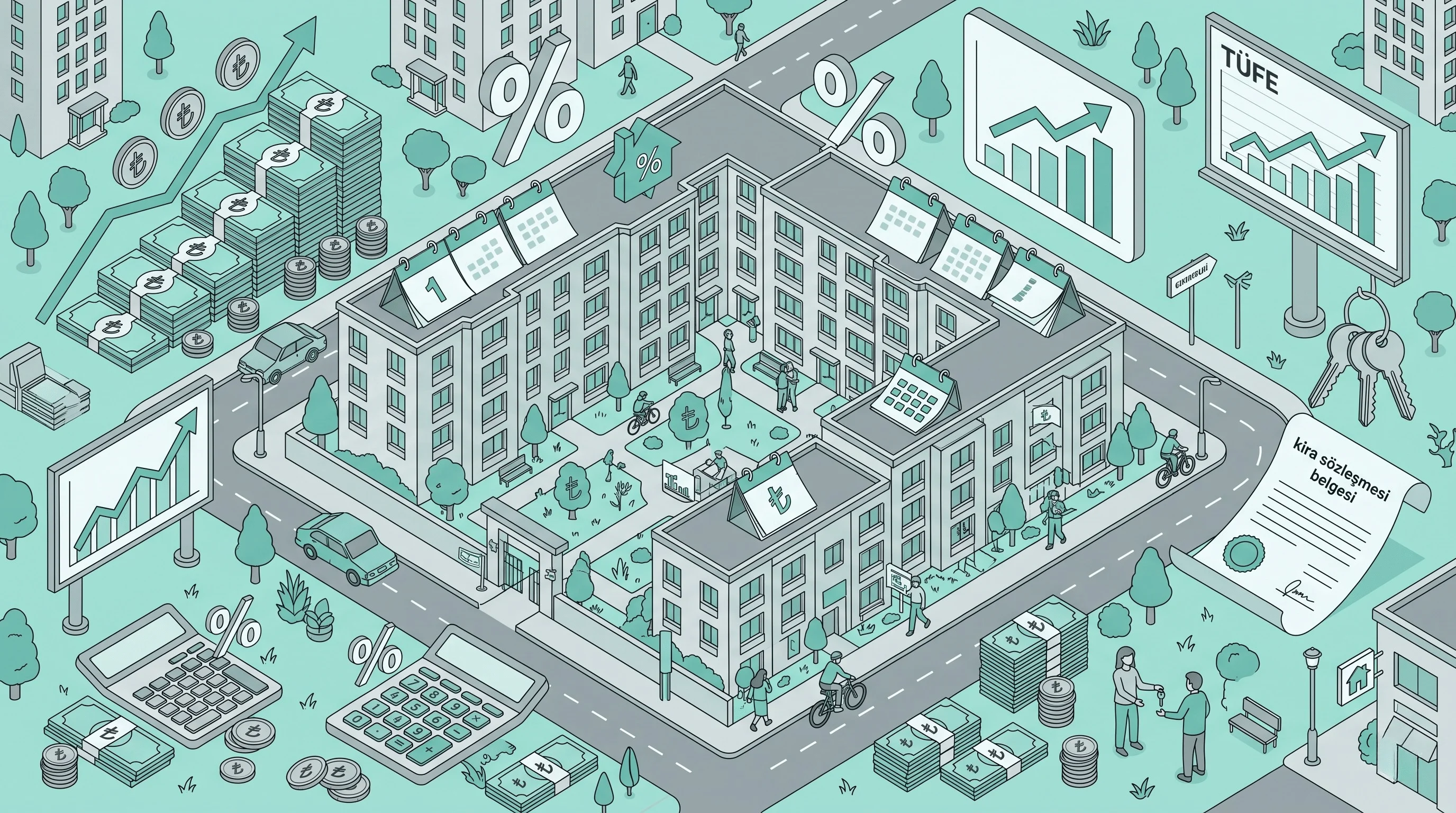 Kira artış oranı hesaplama — apartman, TÜFE grafiği ve kira sözleşmesi görseli