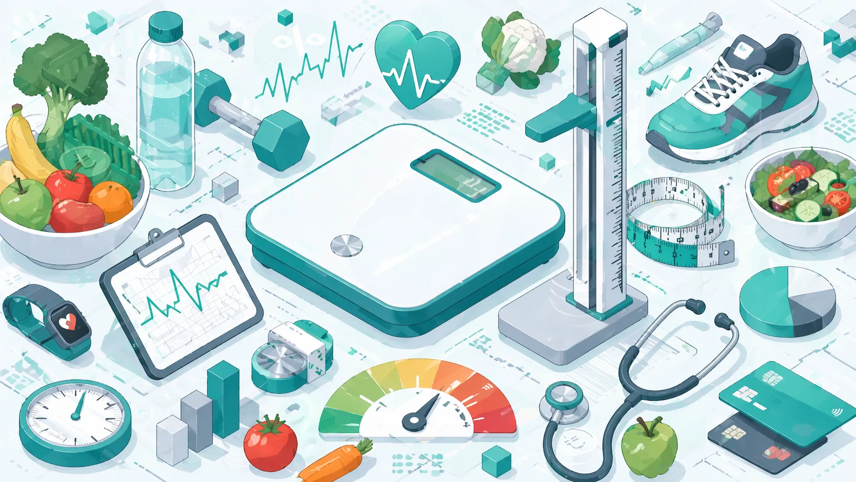 Vücut kitle indeksi rehberi — tartı, sağlıklı beslenme ve VKİ skalası görseli