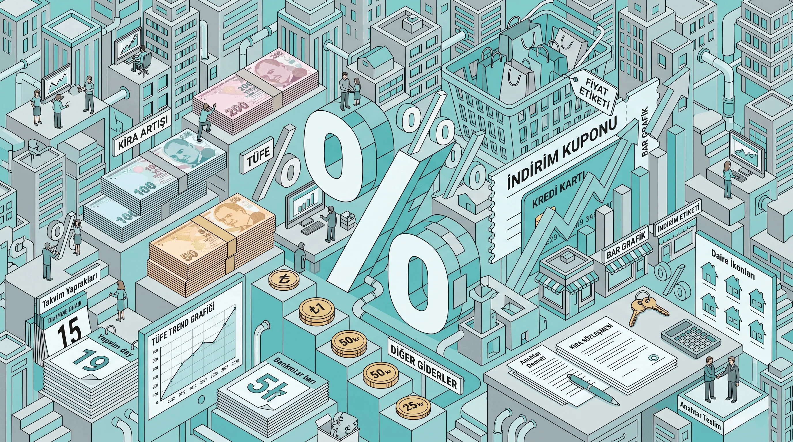 Yüzde hesaplama rehberi — yüzde sembolü, indirim kuponu ve hesaplama görseli
