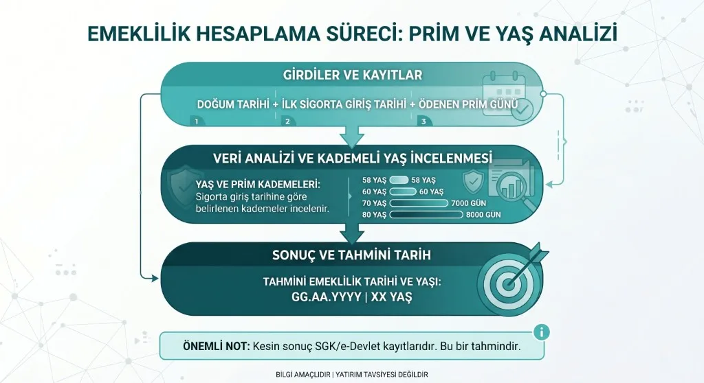 Emeklilik hesaplama sürecinde doğum tarihi, ilk sigorta girişi ve prim gününden tahmini emeklilik tarihine giden adımları gösteren infografik.