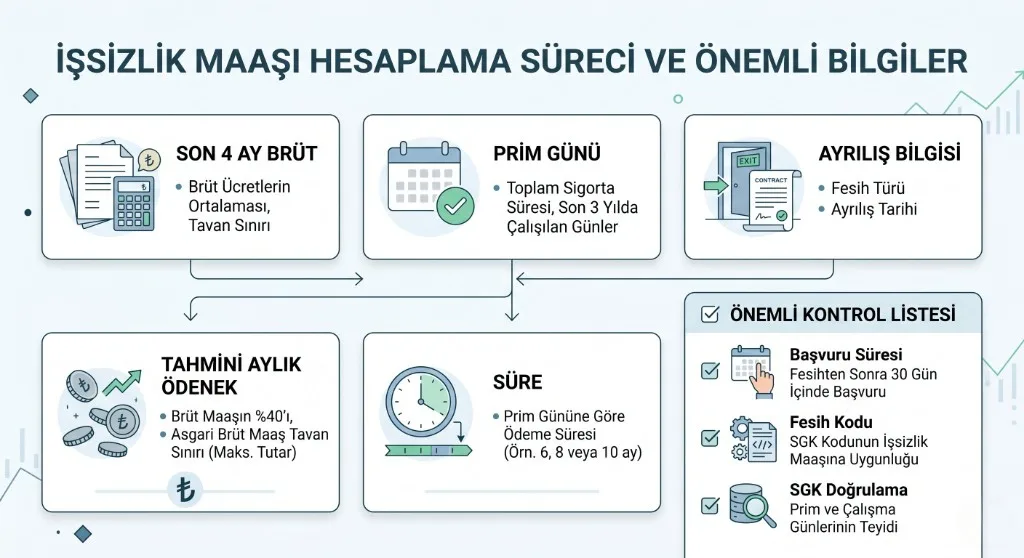 İşsizlik maaşı hesabında son 4 ay brüt, prim günü ve ayrılış bilgisinden tahmini aylık ödenek ve süreye giden adımları gösteren infografik.