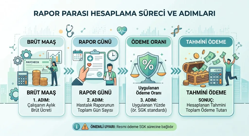Rapor parası hesaplama sürecinde brüt maaş, rapor günü ve ödeme oranından tahmini ödemeye giden adımları gösteren infografik.