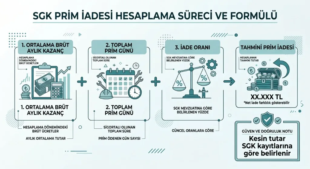 SGK prim iadesi hesabında ortalama brüt kazanç, toplam prim günü ve iade oranından tahmini prim iadesine giden formül akışını gösteren infografik.